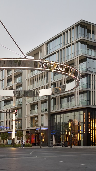 city walk square with modern buildings